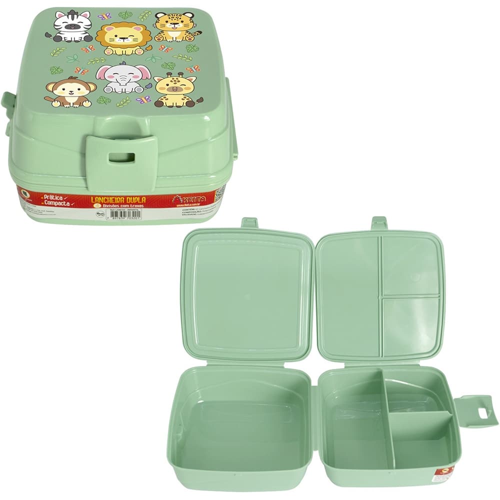 Lancheira Quadrada Infantil Verde – 4 Divisórias, Dupla e com Trava, Tema Bichinhos – 15x14,5x9,5 cm