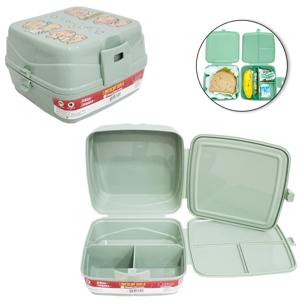 Lancheira Verde Capivara com Divisórias Duplas e Trava – Compacta 15x14,5x9,5 cm