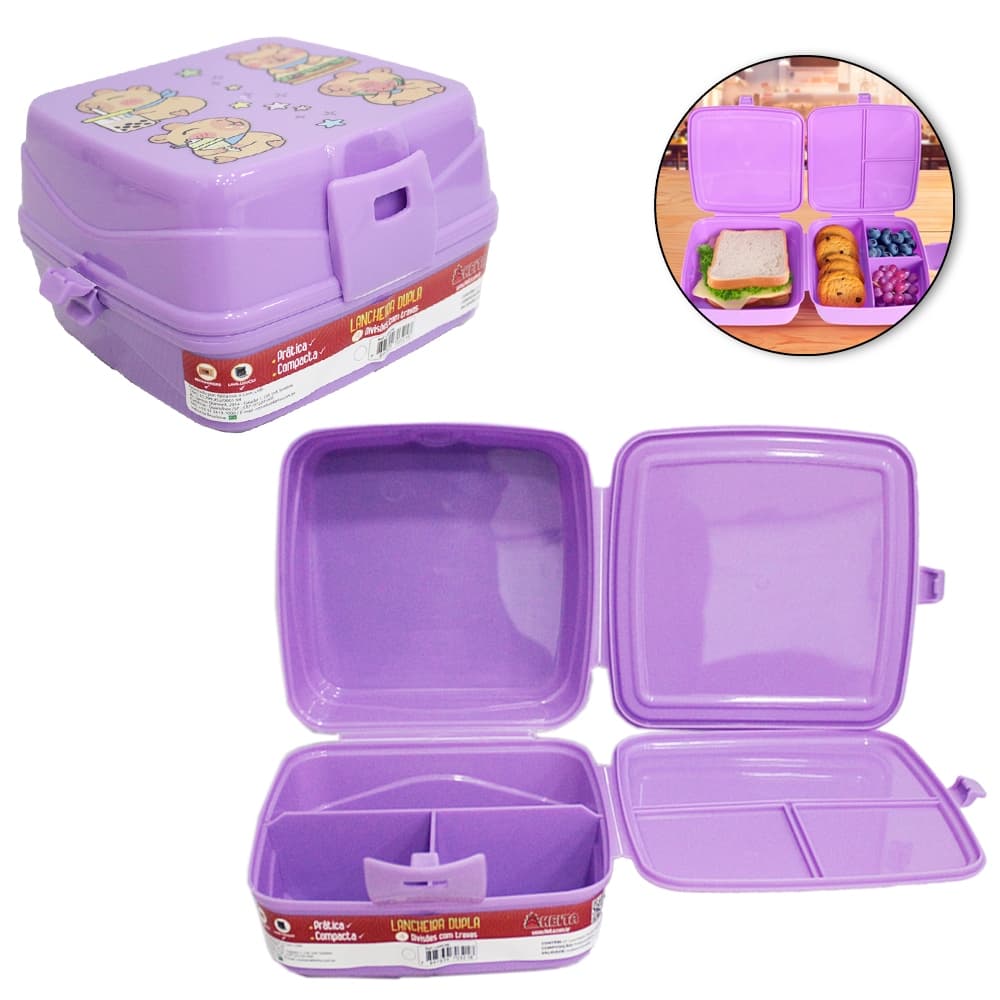 Lancheira Lilás Capivara Compacta com Divisórias Duplas e Trava – 15x14,5x9,5 cm