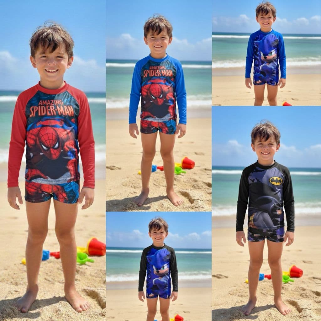 Conjunto Praia Infantil UV Menino Personagens Blusa UV Manga Longa + Sunga