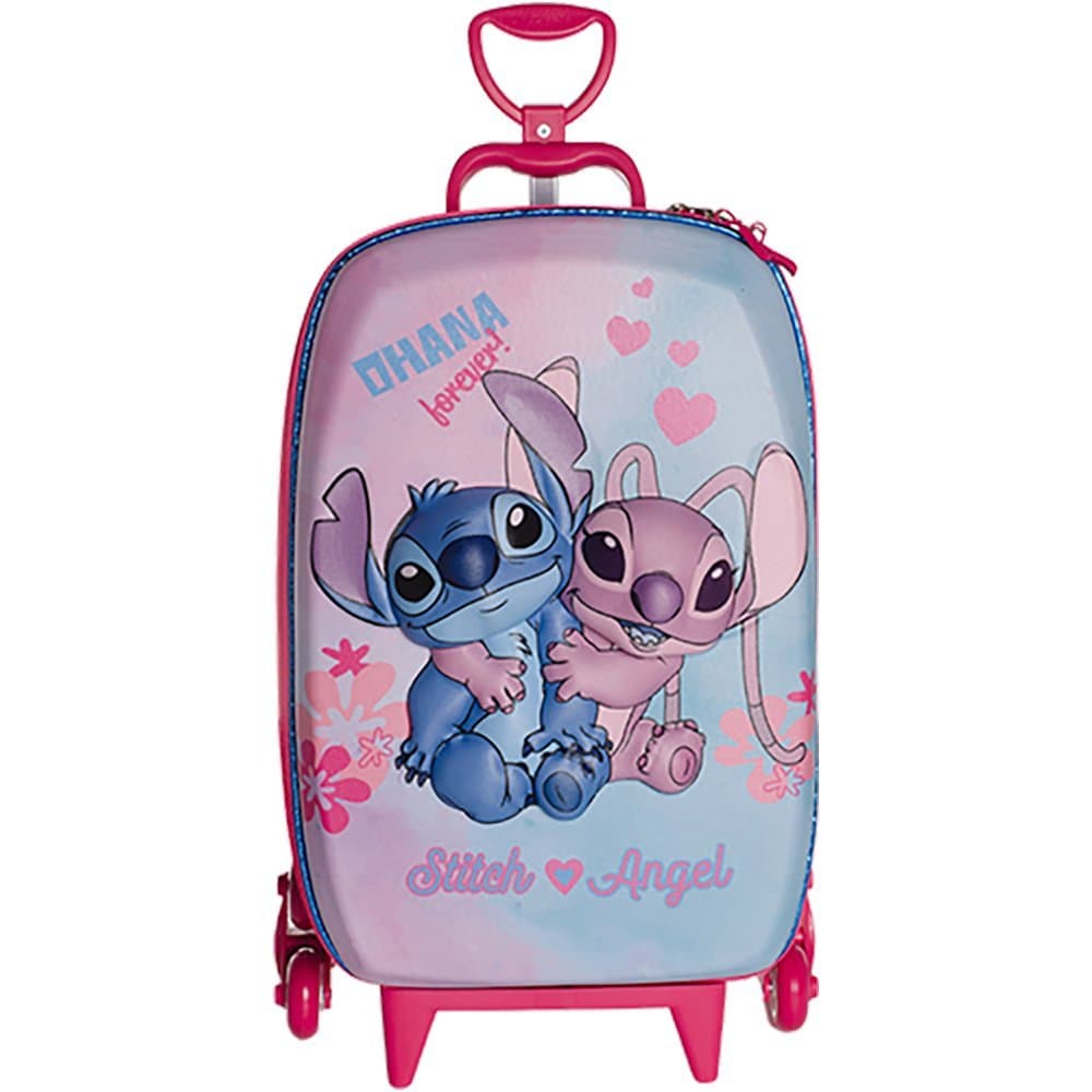 Mochila Infantil Stitch e Angel 3D com Rodinhas - Multicolorida, mala escolar Disney, cores vibrantes