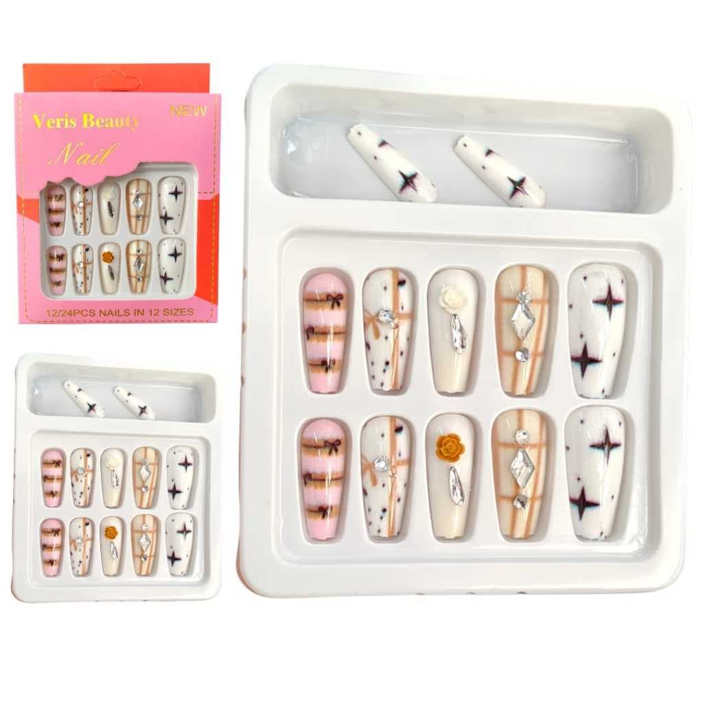 Unha Postiça decoradas cores alto brilho esmaltada unhas amendoadas bailarina + Adesivos dupla face