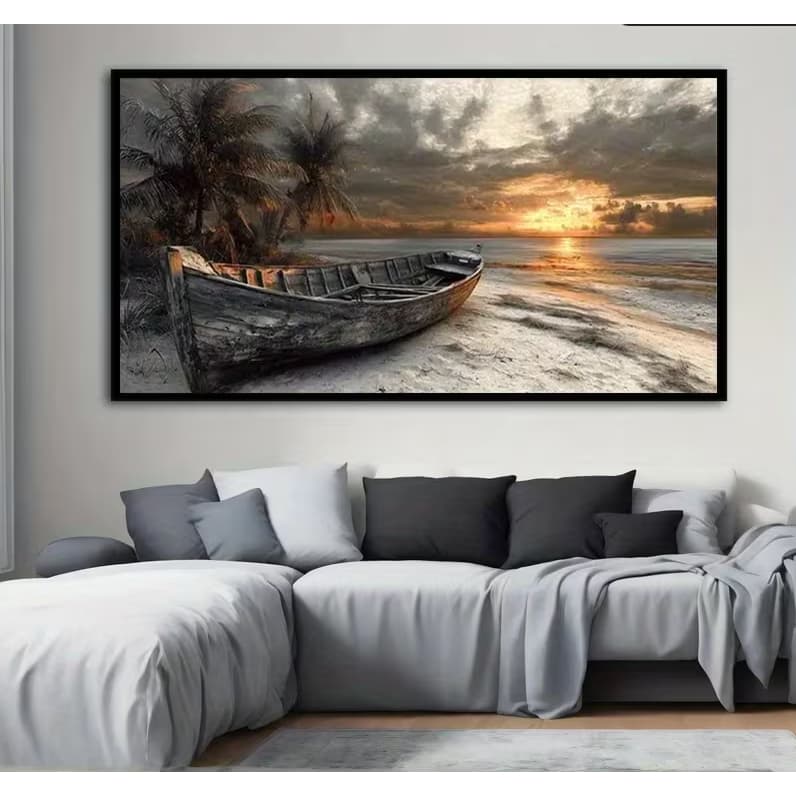 Quadro Decorativo Barco de Pesca Envelhecido ao Pôr do Sol Na Praia Decoração Sala Quarto Elegante