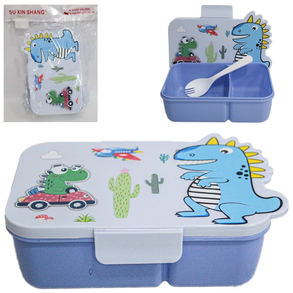 Marmita Plástica Dinossauro 17,5x11x6cm com 2 Divisórias e Colher – Prática para Lanches