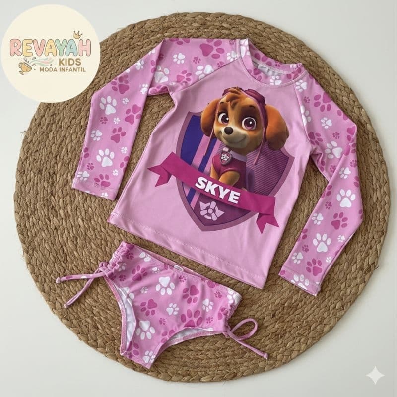 Kit Blusa com Proteção Solar Uv 50+ roupa de natação com boné stitch, patrulha canina envio imediato férias carnaval