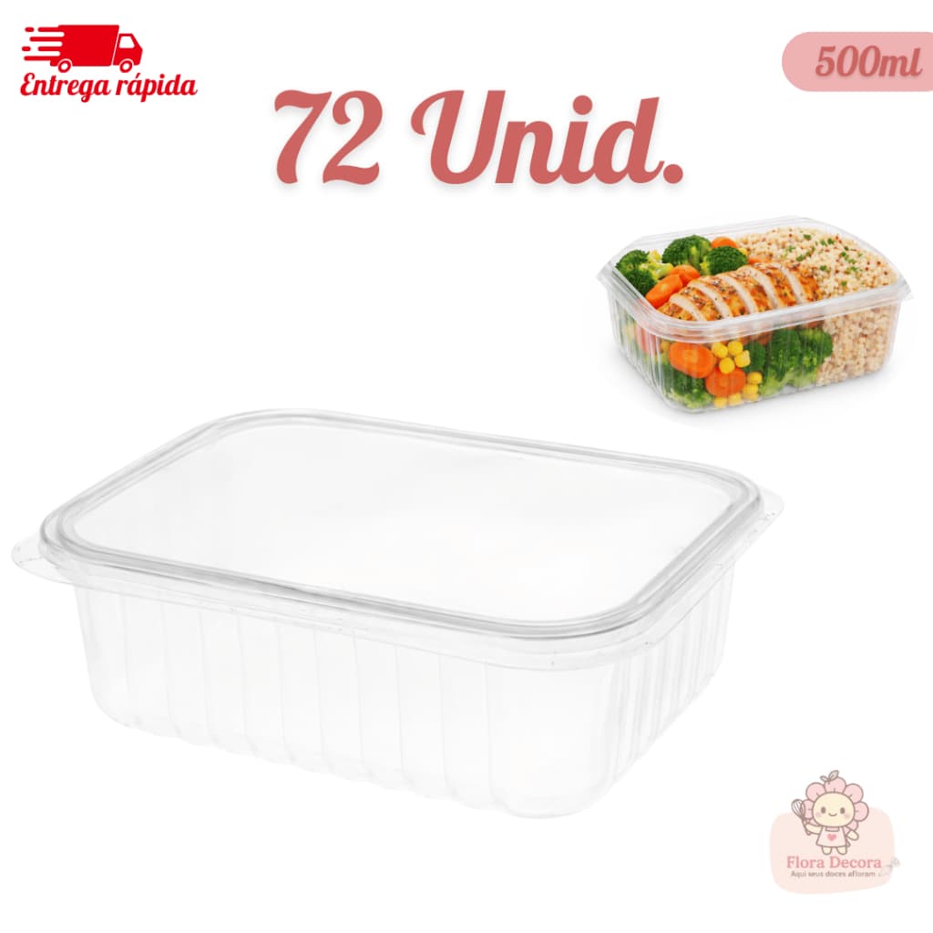Kit 72 Pote De Embalagem Marmita Retangular Plástico Com Tampa 500ml