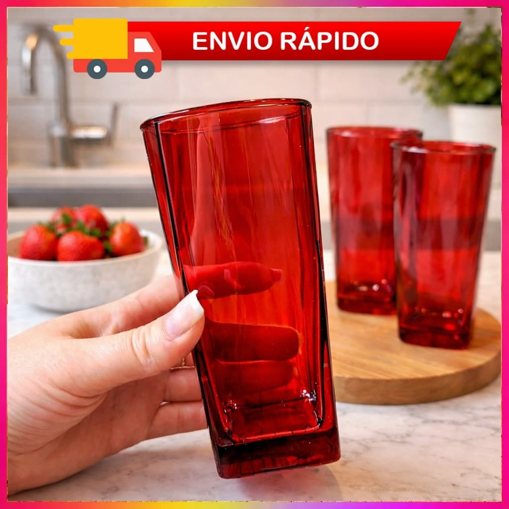Jogo de Copos Texas Vidro VERMELHO  320 ml Refrigerante Suco - 3, 4, 6 UNIDADES
