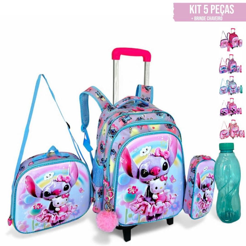 Mochila Kit 05 peças luxo premium  Stitch Angel, Reforçada Rodinha de Acoplar, Lancheira Estojo e Garrafa