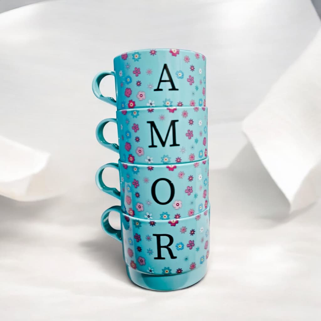 Conjunto AMOR com 4 Xícaras de Acrílico 200 ml Empilhavél Frases.