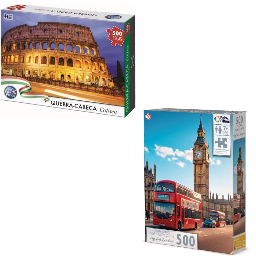 Kit 2 quebra cabeças 500 peças - Coliseu no Outono e Big Bus Londres