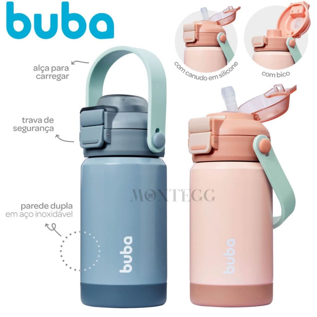 Garrafa Termica Infantil BUBA 2 em 1 360ml com Canudo Bico Garrafinha Termica Infantil Escolar Buba