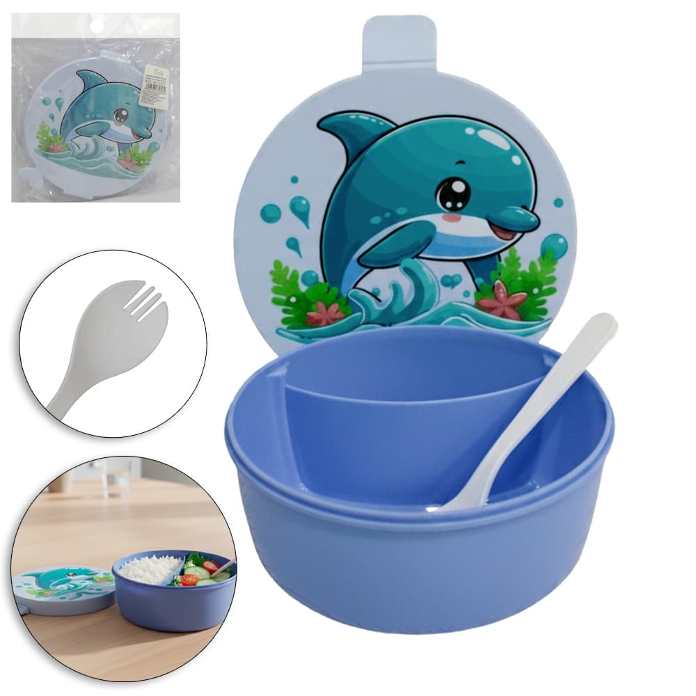 Marmita de Plástico Golfinho com 2 Divisórias + Talheres (Colher e Garfo) – 15,5x14x7 cm