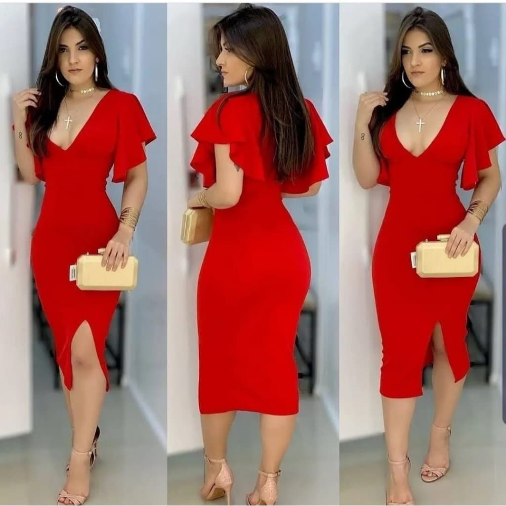 Vestido de festa midi Convidada casamento social babado nas mangas para cha revelação com fenda e bojo decote verde
