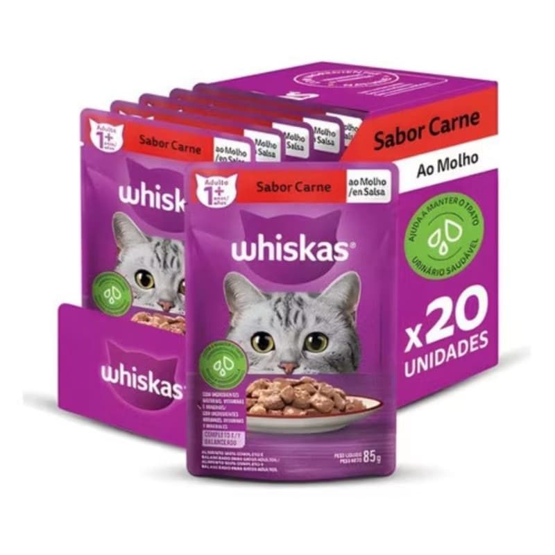 Kit 20 Sachê Whiskas Gatos Ração Úmida Carne 85g Econômico