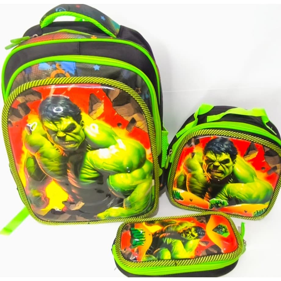 Kit Mochila Costas + Lancheira + Estojo Escolar Menino Hulk