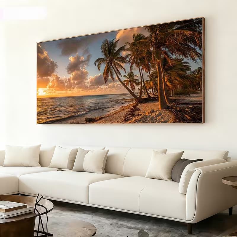 Quadro Decorativo Sala Pôr do Sol na Praia E Coqueiros Tropical Luxo Elegante