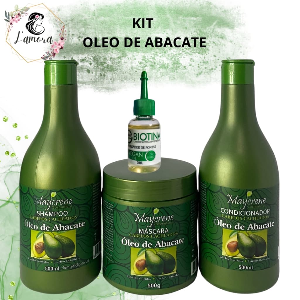 Kit Óleo de Abacate Shampoo + Condicionador + Máscara + oleo reparador de pontas biotina maycrene