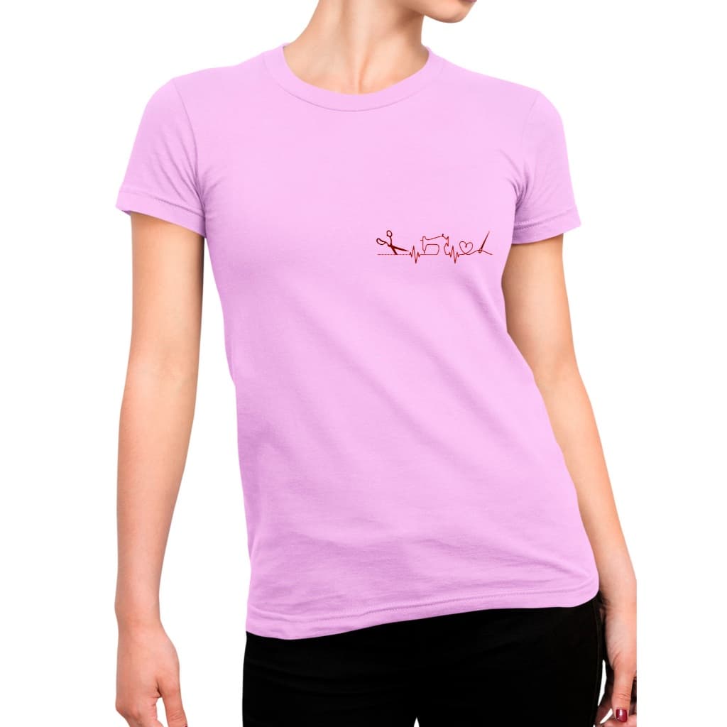 Camiseta babylook feminina estampa máquina de costura compasso do coração lado