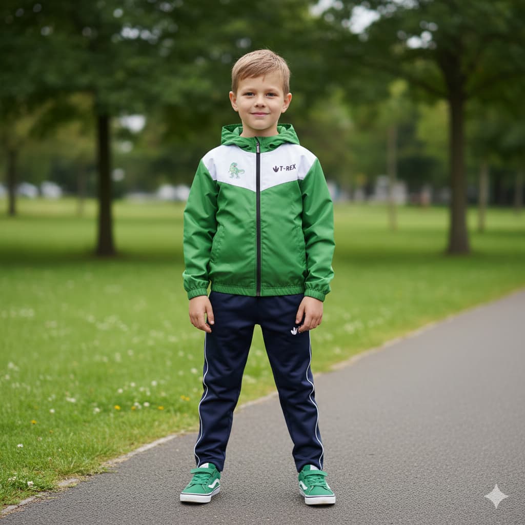 Corta-Vento/Jaqueta Infantil Meninos Verde e Branco Dinossauro T-Rex