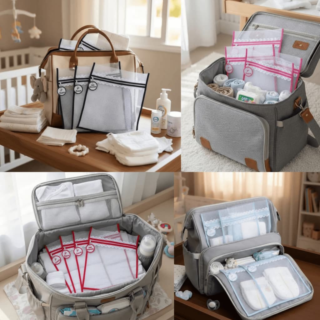 Kit c/ 5 Saquinhos Organizadores Para Mala de Maternidade em TULE com TAG Bordadas Diversas Cores