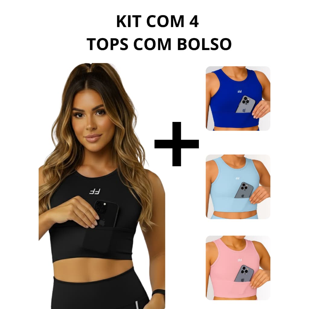 Kit com 4 Top Fitness Cropped Corrida Suplex Power Alta Compressão