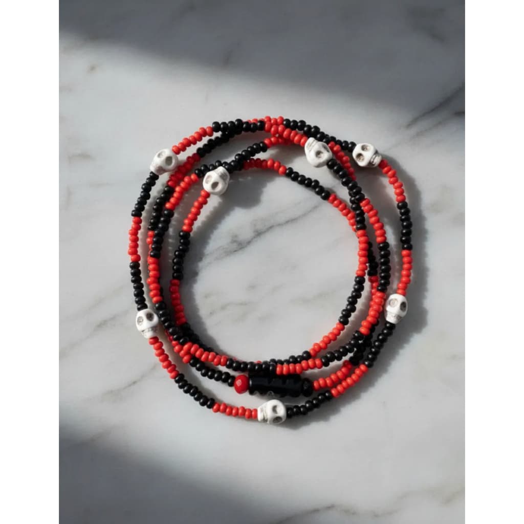 Guia Exú Sete Caveiras Miçanga 60 Cm Umbanda Preto E Vermelho