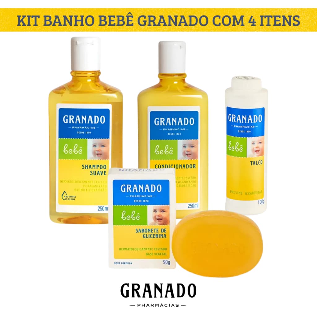 Kit Banho Granado Bebê Shampoo Condicionador Sabonete Barra Glicerina Talco Presente Chá de Bebê