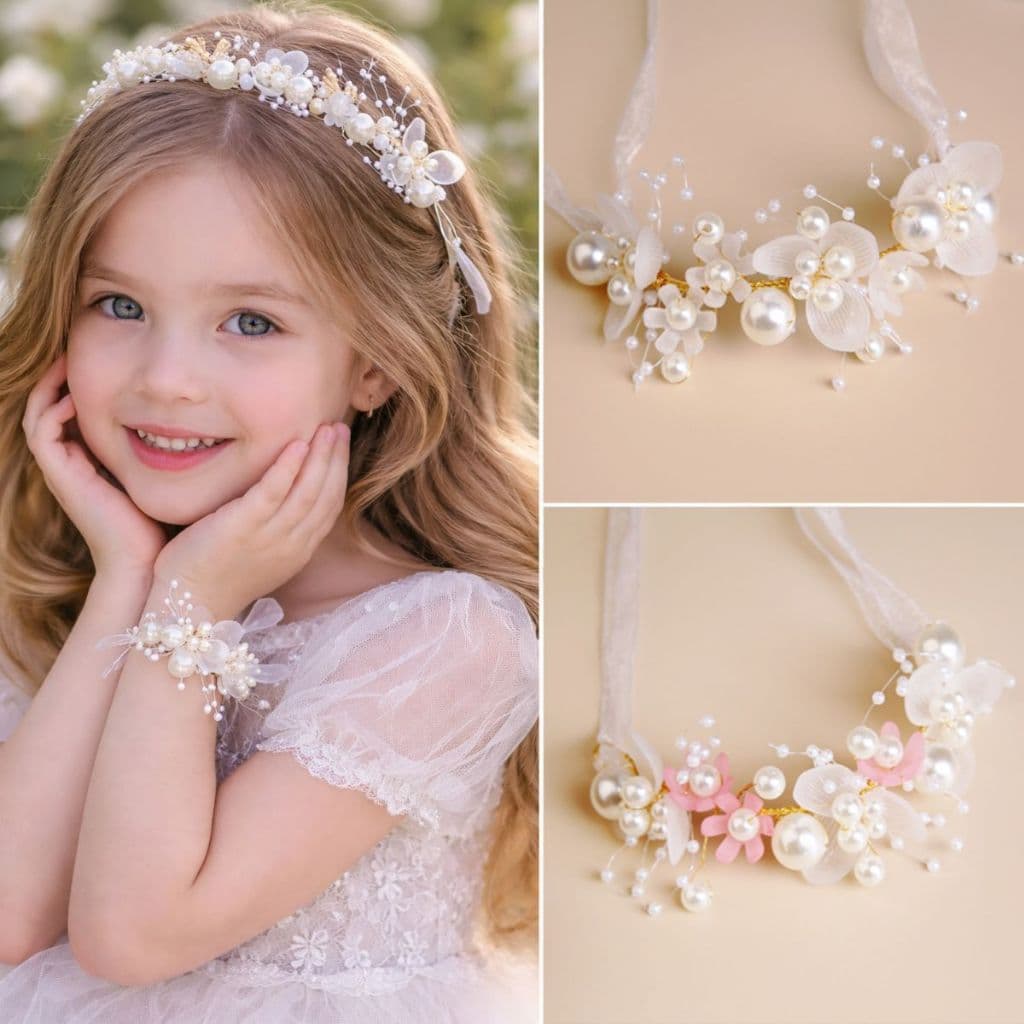 Tiara Pulseira Infantil Daminha de Honra Florista Flores e Perolas Feito a mão- Acessório 2 em 1.