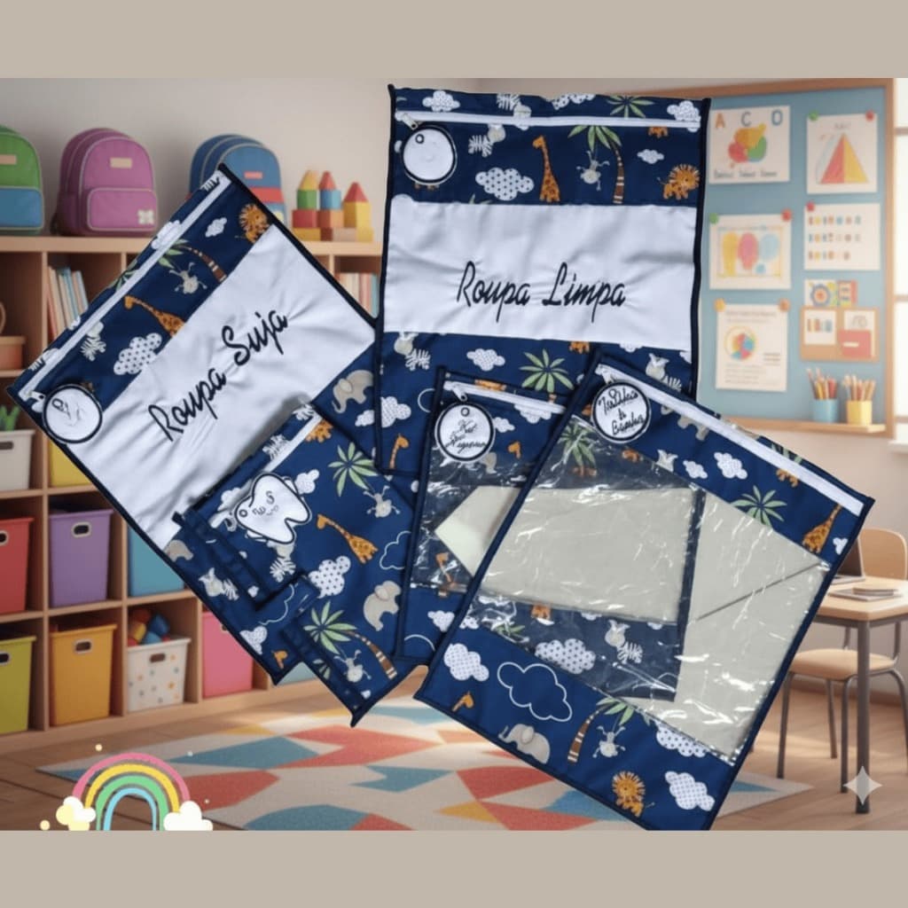 Kit com 5 Saquinhos Organizadores Kit Higiene para Escola Creche Viajem Plástico Cristal