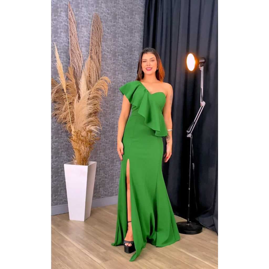 Vestido longo feminino Festa Geral Madrinha Casamento Crepe Modelo Babado na Frente ou Tomara que Caia Sensual Feminina