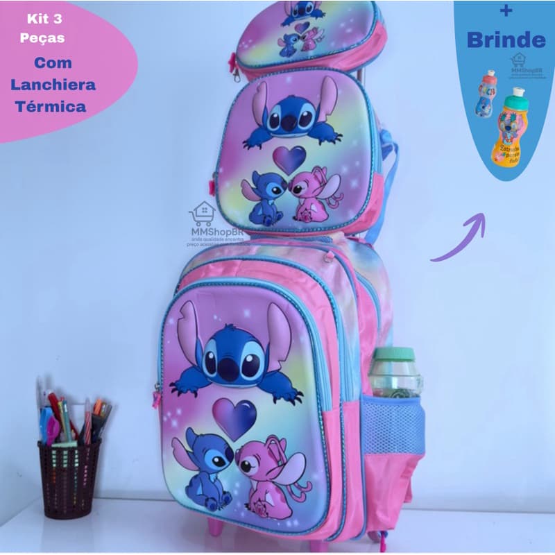 Mochila Escolar de rodinha Stitch + Lancheira TÉRMICA + Estojo 3D alto relevo
