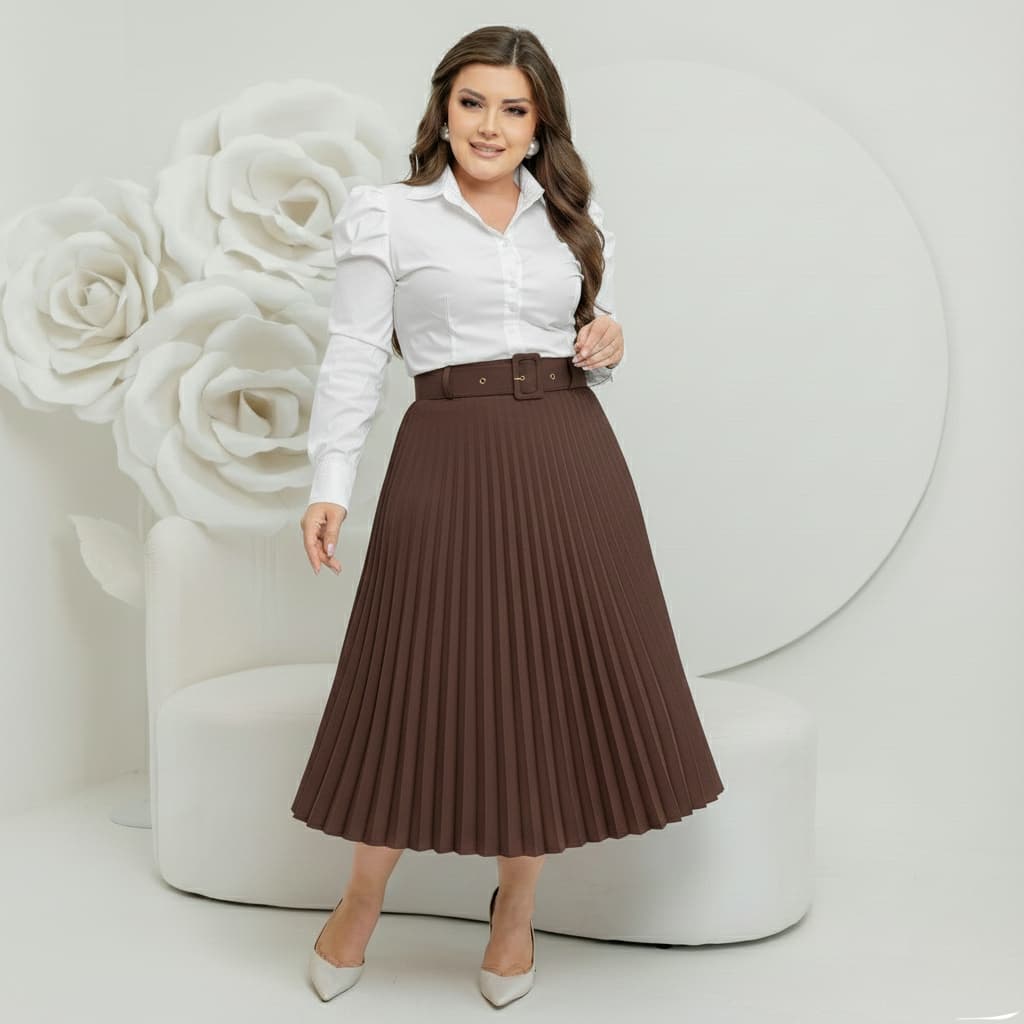 Saia Midi Plissado Com Cinto Forrada estilosa Tendencia moda evangelica