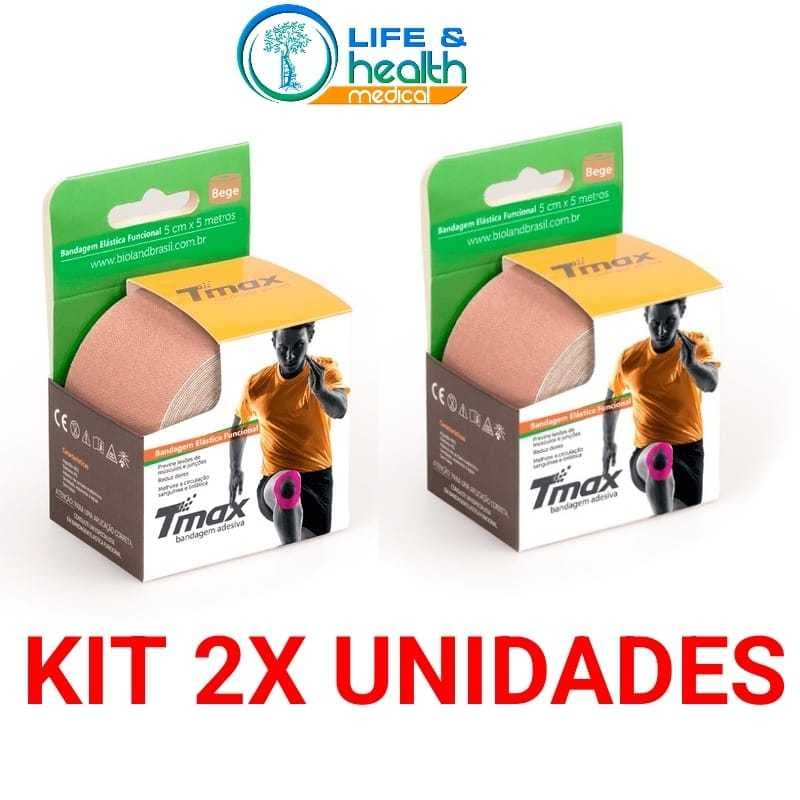 KIT 2X (DUAS) Fita Kinesio Tmax Bandagem Elástica Terapêutica 5 Cm X 5m BEGE OU (DIVERSIFICADAS) Original