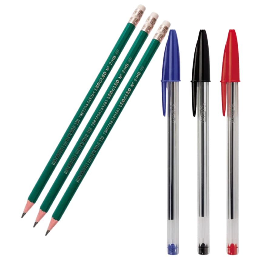 Kit 3 Canetas Bic Ponta Média + 3 Lapis Preto De Escrever Com Borracha Leo Leo
