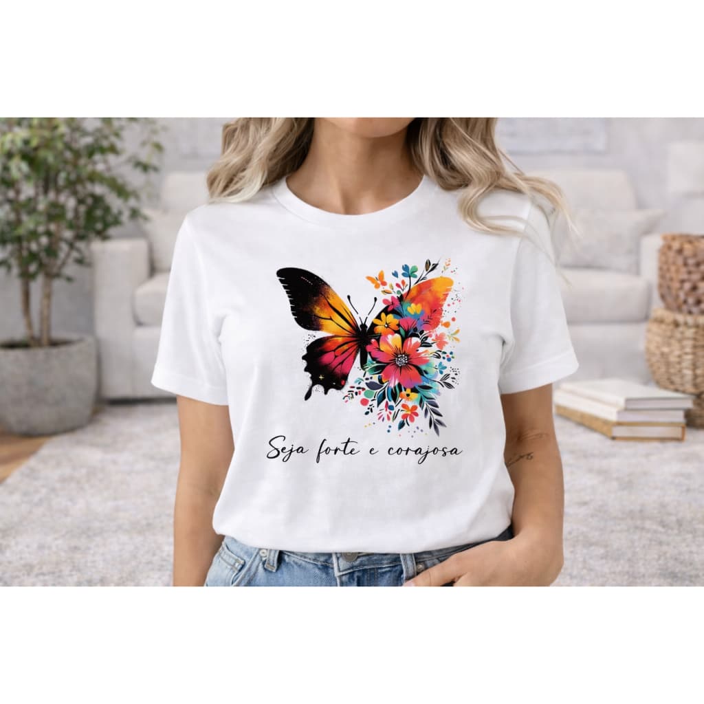 Camiseta Feminina casual, Borboleta floral com frase, Seja forte e corajosa