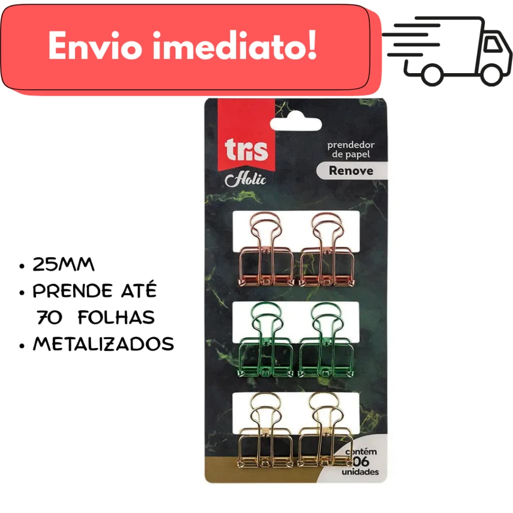 Prendedor de Papel Renove Holic Mineral – 25mm – Cartela com 6 Unidades – Tris