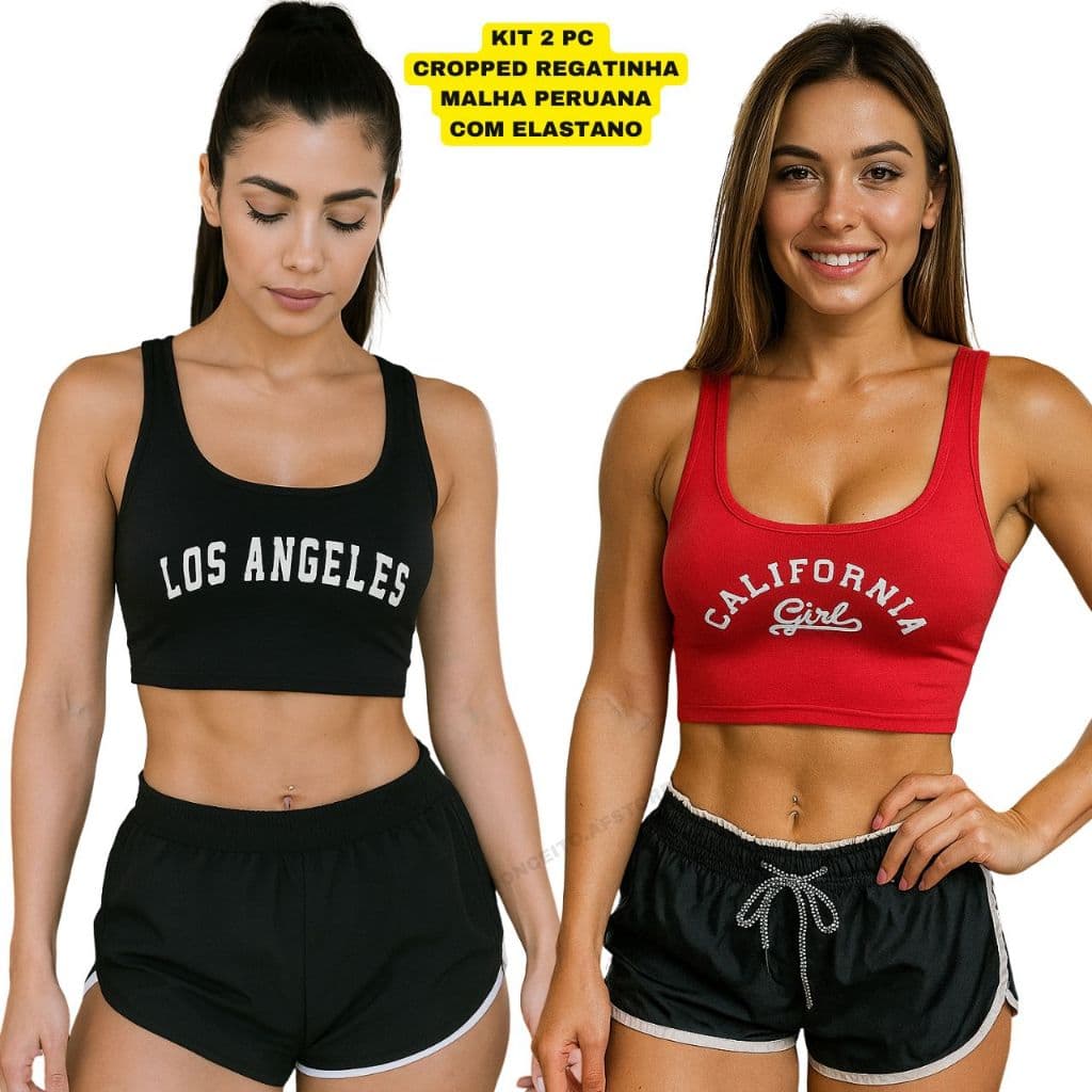 Kit 2 Cropped Regatinha Feminina Malha Peruana com Elastano Academia Casual
