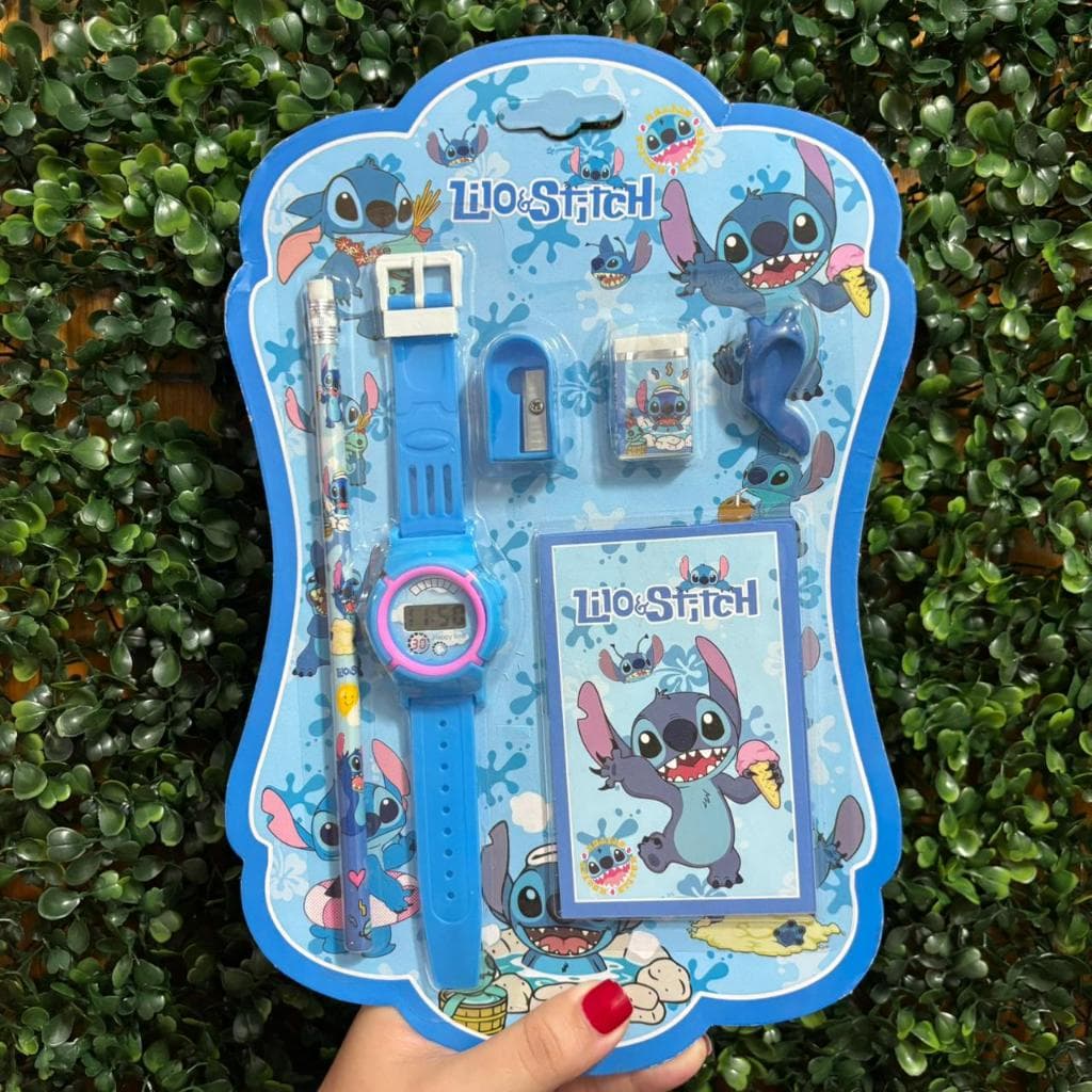 Kit Escolar Stitch 12 Lápis de Cor + Estojo + Caderno Fofo Stitch e Acessórios volta as aulas Kawaii
