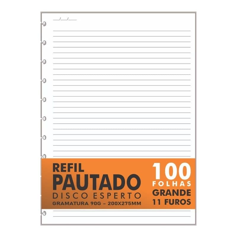 Refil Genérico Pautado Compatível Caderno de Discos e Inteligente 100 Folhas Grande 11 Furos 90g