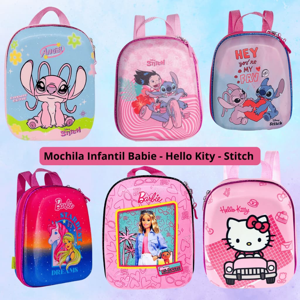Mochila Infantil Tamanho P Barbie Stitch Hello Kitty Escola Menina Criança Rosa Colorida
