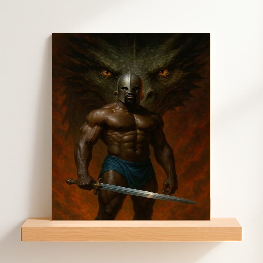 QUADRO DECORATIVO PLACA MDF-OGUM COM SEU DRAGÃO ATRAS COM SUA ESPADA COM A MÃO DIREITA