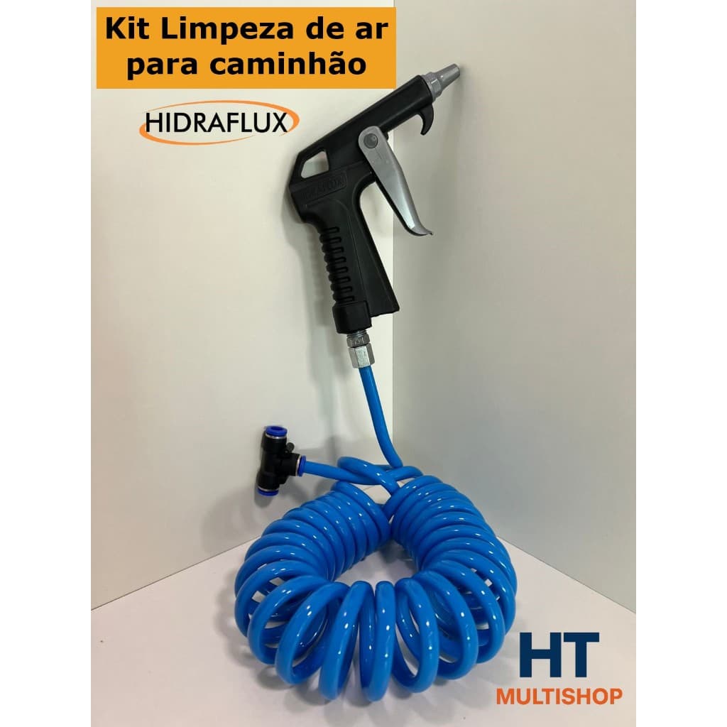 Bico de ar HIDRAFLUX com gatilho e mangueira espiral 3,5 m com conector PU para limpeza de caminhão