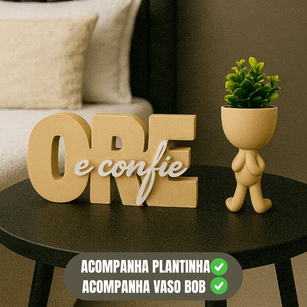Kit Letreiro decorativo ore e confie com vaso bob, decoraçao cantinho da oração quarto e escritório