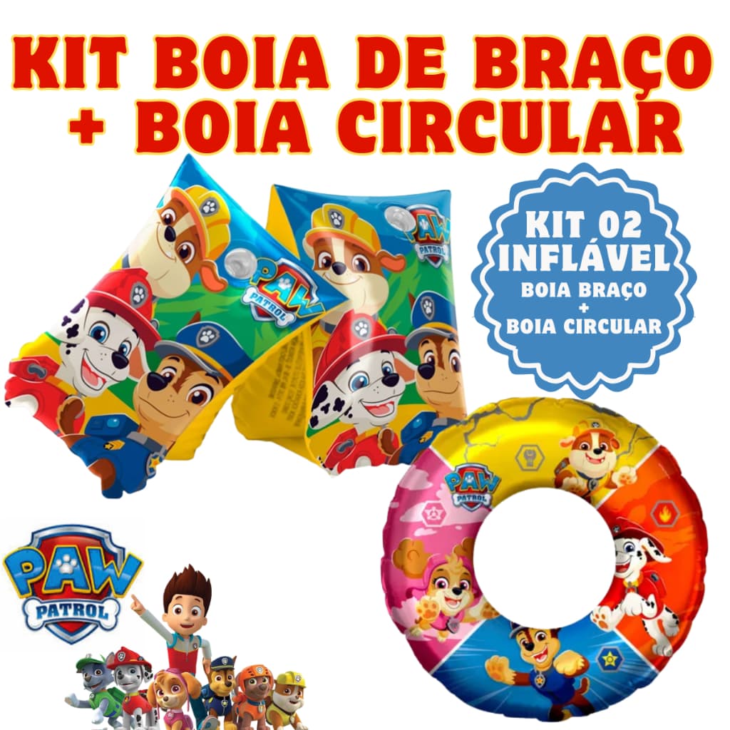 Kit Boia de Braço + Boia Circular Boia Infantil Patrulha Canina Inflável |  Piscina Praia