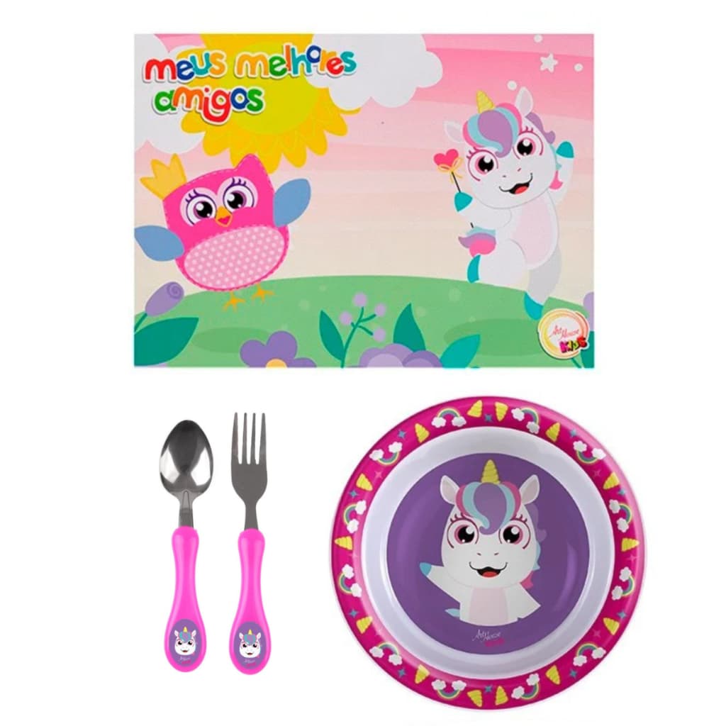 Kit Refeição Infantil Completo 4 Peças – Art House Kids Prato + Talheres + Jogo Americano | Unicórnio ou Dinossauro