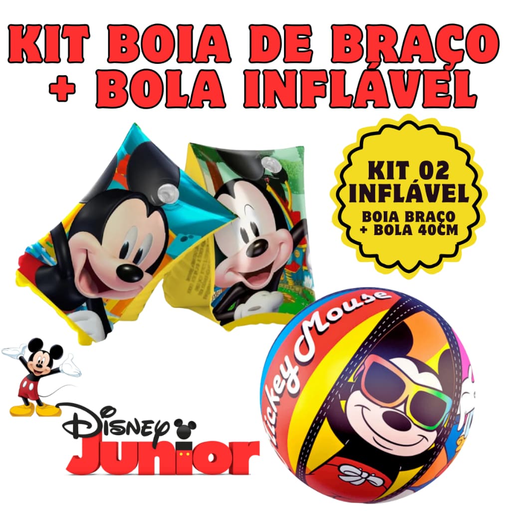Kit Boia de Braço + Bola Inflável 40cm Mickey Mouse Disney Junior Etitoys | Infantil Praia Piscina