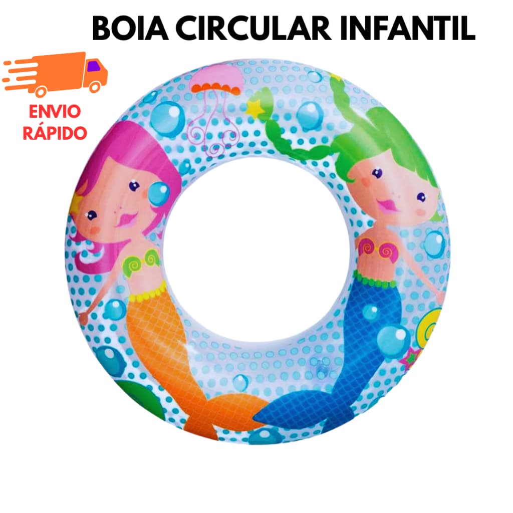 Boia Circular Infantil Sereia Golfinho para Piscina e Praia Crianças 3 a 6 Anos Flutuação Segura 51cm