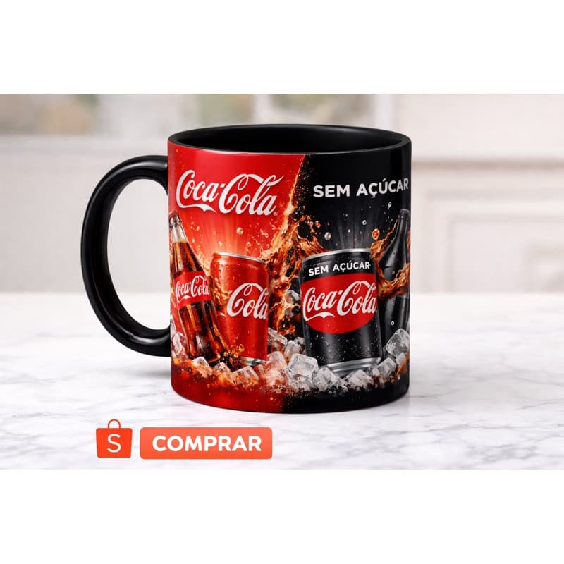 Caneca Coca-Cola® Porcelana | Clássica + Sem Açúcar | Interior e Alça Pretos