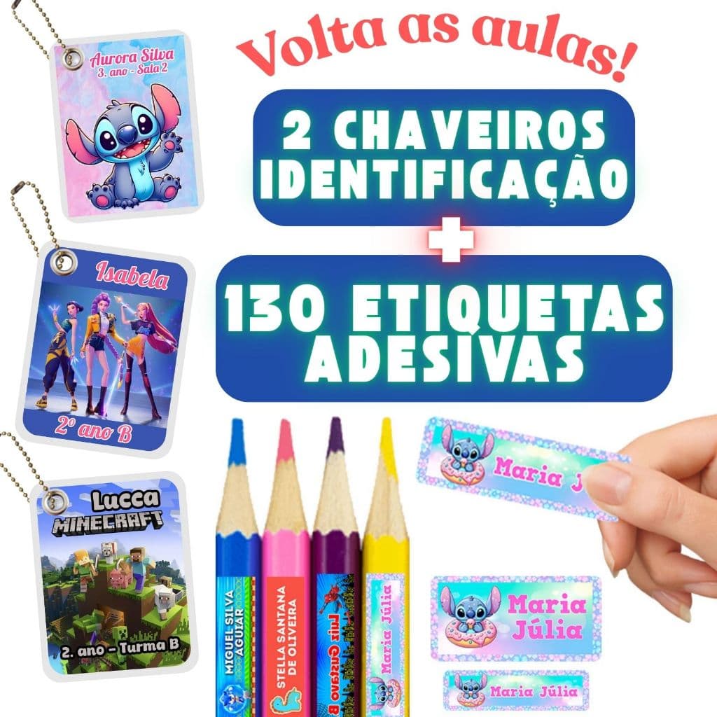 130 Etiquetas Escolares + 2 Chaveiros de identificação - Feito em todos os temas!  Leia a descrição.