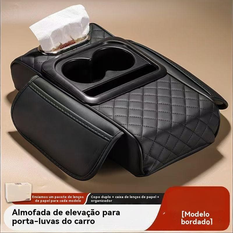 Apoio de elevação para console central automotivo 4 em 1 com 2 porta-copos, porta-lenços e organizador
